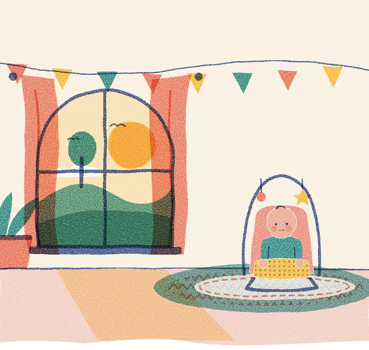 Ilustracja: noworodek w leżaczku, w dzień