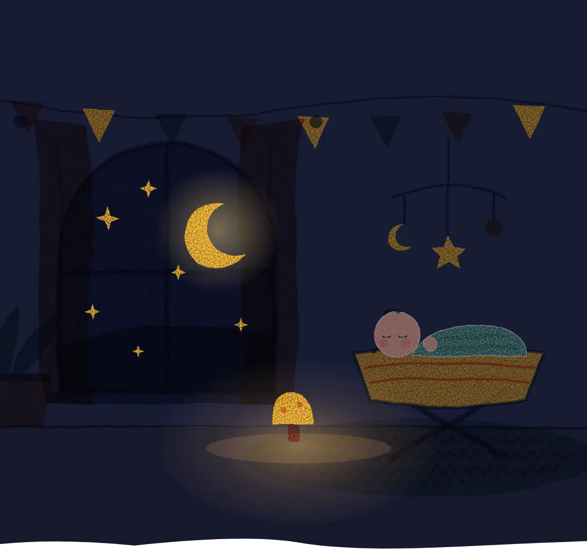 Ilustracja: noc, noworodek śpi w koszu, świeci lampka