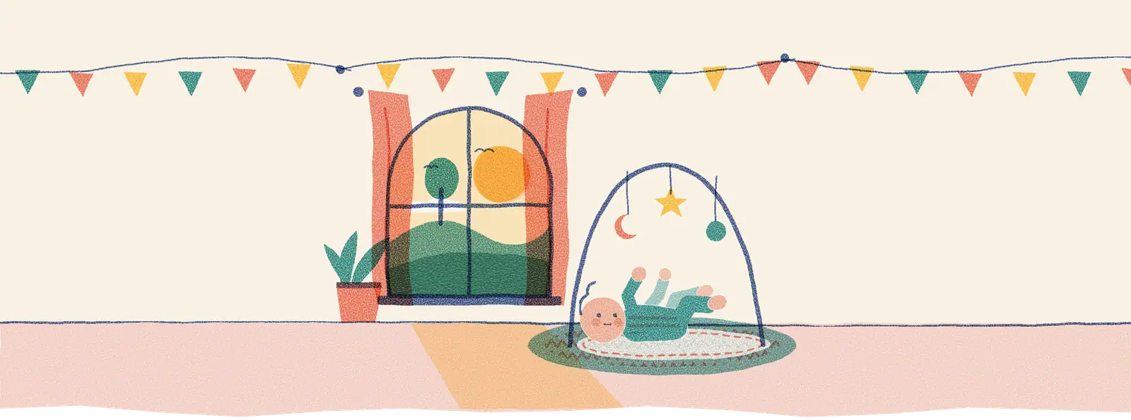Ilustracja: rano w pokoju dziecka — słońce w łukowym oknie, girlanda z chorągiewek, niemowlę na macie pod pałąkiem z zabawkami.
