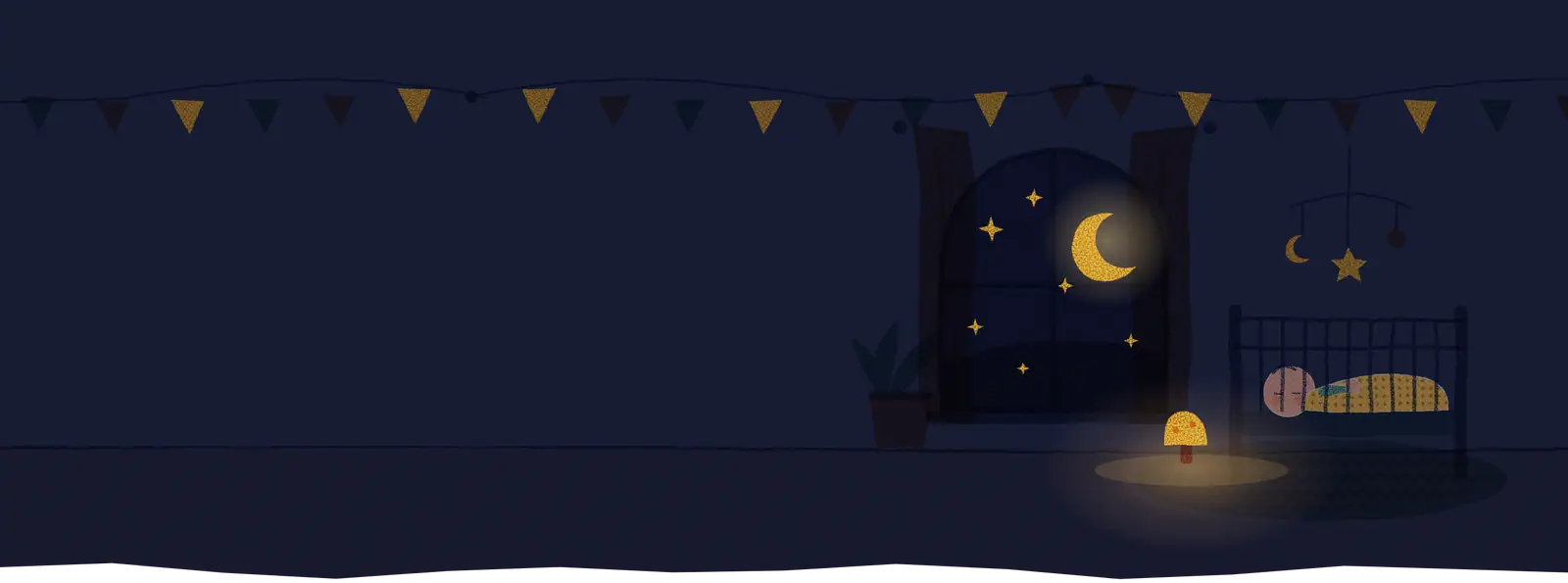 Ilustracja: noc w pokoju dziecka — księżyc i gwiazdy w oknie, niemowlę śpi w łóżeczku, świeci tylko lampka w kształcie grzybka.